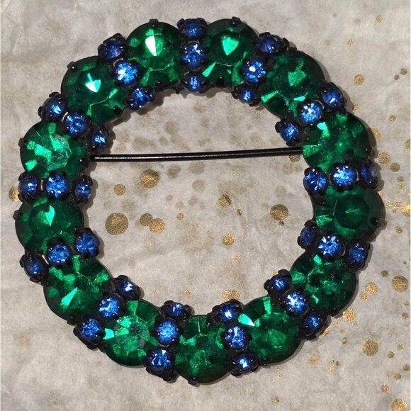 Vintage 1950's Warner Green & Blue Rhinestone Wreath Brooch Pin Japanned Back - Picture 7 of 11